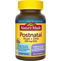 Nature Made Postnatal Multivitamin + DHA 200 mg, постнатальні вітаміни для мам і дітей, які годують грудьми, вітаміни та поживні речовини включають залізо, вітамін D3, кальцій, йод тощо, 60 капсул