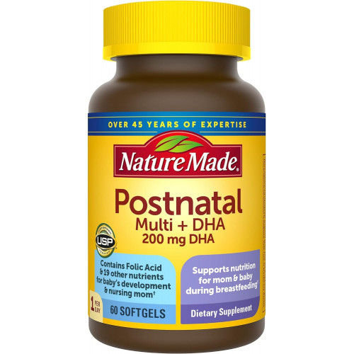 Nature Made Postnatal Multivitamin + DHA 200 mg, постнатальні вітаміни для мам і дітей, які годують грудьми, вітаміни та поживні речовини включають залізо, вітамін D3, кальцій, йод тощо, 60 капсул