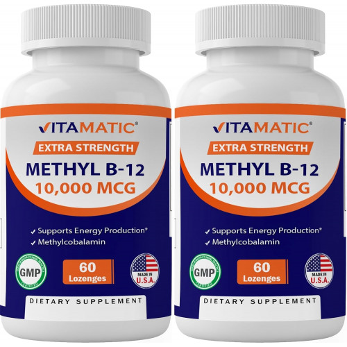 Vitamatic Methyl Vitamin B12 (Methylcobalamin) 10 000 мкг (10 мг) 60 пастилок - чудове джерело вітаміну B12 (2 упаковки)