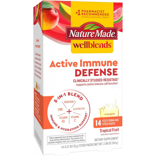 Суміш газованих напоїв Nature Made Wellblends Active Immune Defense, ResistAid, вітамін C 500 мг, вітамін D 1000 МО, порошок цинку та електролітів, 14 стіків