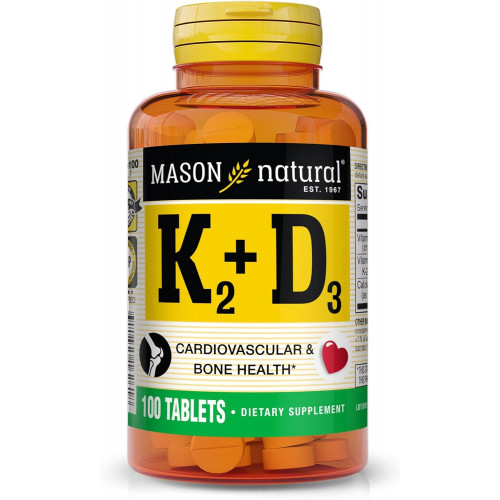 MASON NATURAL Vitamin K2 100 мкг плюс вітамін D3 - підтримує здоров'я кісток, серцево-судинної системи та м'язів, 100 таблеток