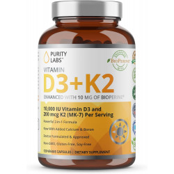 Purity Labs Вітамін D3 K2 10000 МО, (250 мкг) D3 + 200 мкг K2 MK7 - Добавка для підтримки імунітету, посилена біоперином - Добавки для щоденного захисту, здоров'я кісток, м'язів і шкіри - 120 капсул