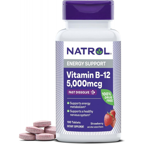 Вітамін B12 Natrol швидкорозчинні таблетки, стимулює енергію, підтримує здорову нервову систему, максимальна сила, смак полуниці, 5000 мкг, 100 шт.