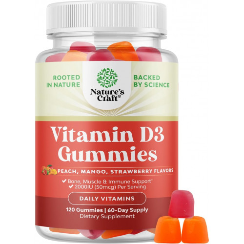 Вітамін D3 Gummies для щоденного оздоровлення - смачні вітаміни D для дорослих з вітаміном D3 2000 МО на порцію кісткових м’язів та імунної підтримки - без ГМО желатину та без глютену (60 днів живлення)