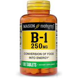 MASON NATURAL, Таблетки з вітаміном B-1 Thiamine, 250 мг, пляшка на 100 штук, дієтична добавка підтримує виробництво енергії та здоровий метаболізм, допомагає розщеплювати жири та білки