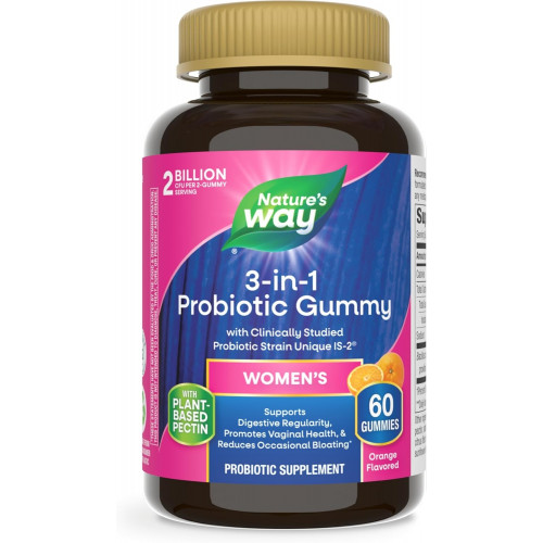 Показан перевод для запроса Nature's Way 3-in-1 Women’s Probiotic Gummies, Reduces Occasional Bloating*, Supports Digestive and Vaginal Health*, Clinically Studied Probiotic Strain, Gluten Free, Orange Flavored, 60 Gummies