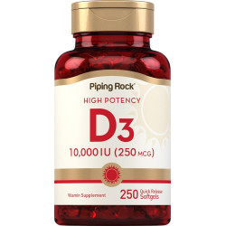 Piping Rock Vitamin D3 10000 МО | 250 капсул | Висока потенція | Добавка без ГМО, без глютену