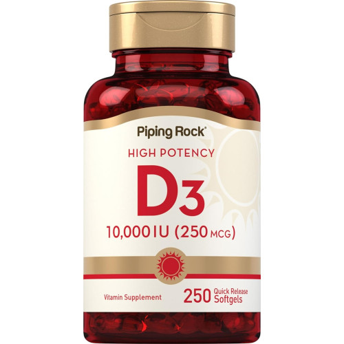 Piping Rock Vitamin D3 10000 МО | 250 капсул | Висока потенція | Добавка без ГМО, без глютену