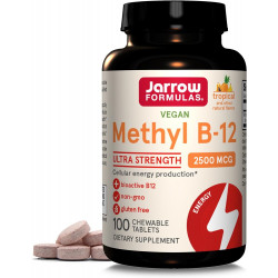 Jarrow Formulas Ultra Strength Methyl B-12 2500 мкг, дієтична добавка для виробництва клітинної енергії та підтримки здоров’я мозку, 100 жувальних таблеток із тропічним смаком, запас на 100 днів