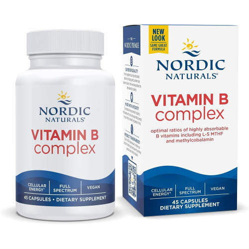 Комплекс витаминов группы B Nordic Naturals - 45 капсул Тиамин, рибофлавин, ниацин, витамины B6 и B12, фолат, биотин, пантотеновая кислота Здоровье мозга, энергия, обмен веществ Порции без ГМО