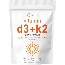 Micro Ingredients Vitamin D3 5000 IU with K2 100 mcg, 300 Softgels | K2 MK7 with D3 Vitamin Supplement, 2 in 1 Support Immune, Heart, Joint, Teeth & Bone Health - Easy to Swallow