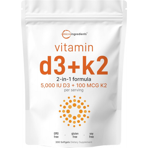 Micro Ingredients Vitamin D3 5000 IU with K2 100 mcg, 300 Softgels | K2 MK7 with D3 Vitamin Supplement, 2 in 1 Support Immune, Heart, Joint, Teeth & Bone Health - Easy to Swallow