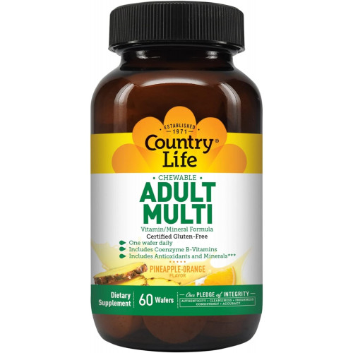 Country Life Chewable Adult Multi Vitamin-Mineral Formula, 60 вафель, сертифікований безглютеновий, сертифікований веганський