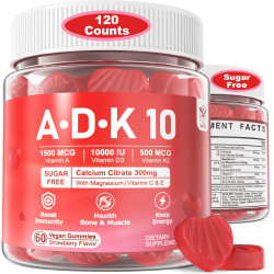 ADK Vitamin Supplement Gummies 10000IU - Потужний D3 без цукру з вітамінами A та K2 MK-7 500 мкг плюс кальцій, магній, цинк - вітамін ADK 10 для засвоєння кальцію, здоров'я кісток, м'язів, імунітету, 2 упаковки