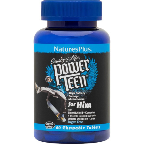 Natures Plus Power Teen for Him — 60 жевательных таблеток, лесные ягоды — высокоэффективные мультивитамины для подростков — без сахара, вегетарианские, без глютена — 30 порций