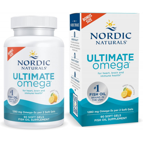 Nordic Naturals Ultimate Omega, зі смаком лимона - 90 м'яких гелів - 1280 мг Омега-3 - Високопотенційна добавка з риб'ячим жиром Омега-3 з EPA та DHA - Сприяє здоров'ю мозку та серця - Без ГМО - 45 порцій