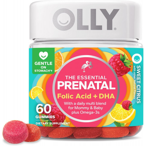 Olly The Essential Prenatal Gummy Multivitamin, 30-денний запас (жувальні цукерки), солодке, фолієва кислота, вітамін D, Омега 3 DHA, жувальна добавка, білі цитрусові, 60 штук (упаковка з 1)