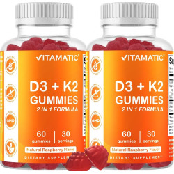 Vitamatic, 2 упаковки жевательных таблеток с витамином D3 и K2, 60 шт., поддерживают здоровье костей, сердца и усвоение кальция, а также здоровье иммунитета, растительная основа, без ГМО, без глютена