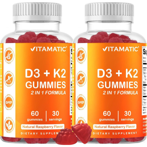 Vitamatic 2 Pack Vitamin D3 K2 Gummies - 60 Counts - Підтримує здорові кістки, серце і кальцій, засвоєння кальцію та здоров'я імунітету - На рослинній основі, без ГМО, без глютену