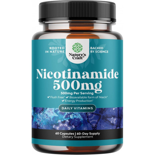 Капсули з ніацинамідом 500 мг вітаміну B3 - Енергія мітохондрій і потужна добавка для шкіри - Вітамін B3 Ніацин 500 мг без промивання та нікотинамід 500 мг - Добавка ніацину без промивання - 60 штук