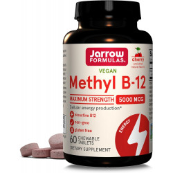 Jarrow Formulas Maximum Strength Methyl B-12 5000 мкг, дієтична добавка для виробництва клітинної енергії та підтримки здоров’я мозку, 60 жувальних таблеток зі смаком вишні, запас на 60 днів