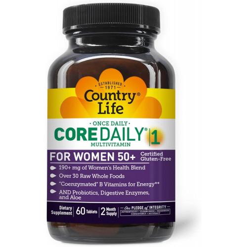 Country Life Core Daily-1 Multivitamins for Women 50 Plus, енергетична підтримка, 60 таблеток, запас на 2 місяці, сертифікований без глютену