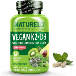 NATURELO Vegan K2+D3 - D3 на рослинній основі з лишайників - Натуральна добавка D3 для імунної системи, підтримки кісток, здоров'я суглобів - Повноцінна їжа - Веганська - Без ГМО - Без глютену, капсула (60 штук (упаковка по 1))