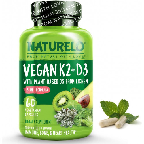 NATURELO Vegan K2+D3 — D3 на растительной основе из лишайника — Натуральная добавка D3 для иммунной системы, поддержки костей и здоровья суставов — Цельные продукты — Веганские — Без ГМО — Без глютена, капсулы (60 шт. (1 шт. в упаковке))