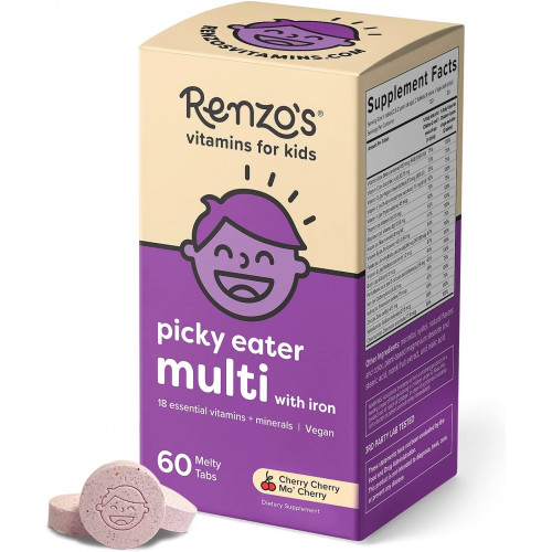 Renzo's Picky Eater Kids Multivitamin with Iron - Розчинні дитячі вітаміни з вітамінами D3 і K2 і багато іншого - 60 розплавлених таблеток без цукру, зі смаком Cherry Cherry Mo’ Cherry