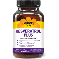 Country Life Resveratrol Plus, підтримує здоров’я серцево-судинної системи, 120 веганських капсул, сертифікований продукт без глютену, сертифікований веганський продукт, без ГМО.