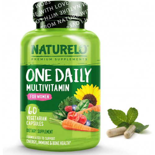 NATURELO One Daily Multivitamin для женщин — энергетическая поддержка — цельная пищевая добавка для питания волос, кожи и ногтей — без ГМО — без сои — без глютена — 60 капсул — запас на 2 месяца