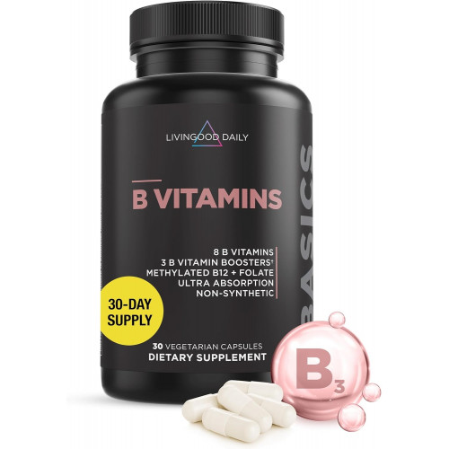 Livingood Daily Vitamin B Complex Capsules - Вітамінна добавка B-Complex для жінок і чоловіків - Підтримує здоров'я нервової системи, когнітивні функції - Сприяє здоров'ю шкіри, серця та волосся - Веган, 30 капсул