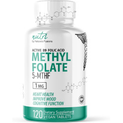 Nutri 5-MTHF L Methylfolate 1MG - 4-місячний запас, 120 веганських таблеток - метильована фолієва добавка - когнітивні функції, здоров'я серця, пренатальна підтримка - метильована фолієва кислота, добавка MTHFR