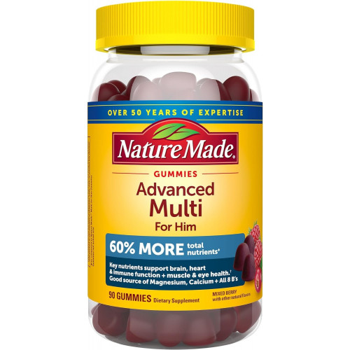 Nature Made Advanced Multivitamin Gummies for Him з цитратом магнію, кальцієм і всіма 8 вітамінами групи В, полівітаміни для чоловіків, 90 цукерок, 30-денний запас