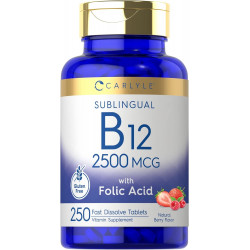 Carlyle Vitamin B12 сублінгвальний 2500 мкг | 250 швидкорозчинних таблеток | Добавка ціанокобаламіну з фолієвою кислотою для дорослих | Натуральний ягідний смак | Вегетаріанське, без ГМО та без глютену