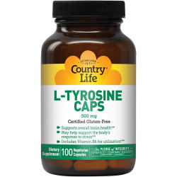 Country Life L-Tyrosine Caps, підтримує загальне здоров’я мозку, 500 мг, 100 вегетаріанських капсул, сертифікований безглютеновий сертифікований вегетаріанець, сертифікований халяльний