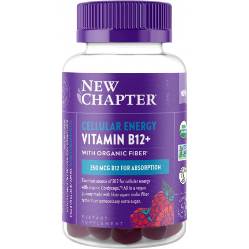 New Chapter® Organic Vitamin B12+ Gummies – 44% менше цукру§, USDA Organic Vegan B12, два щоденних цукерки для підтримки клітинної енергії з кордицепсом, без ГМО, без глютену, зі смаком малини, 60 каратів