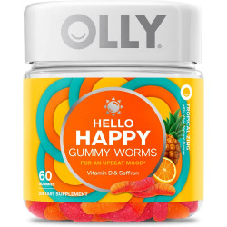 OLLY Hello Happy Gummy Worms, поддержка баланса настроения, витамин D, шафран, жевательная добавка для взрослых, тропический зинг — 60 шт.