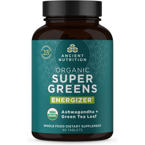 Возможно, вы имели в виду: Ancient Nutrition Super Greens Energizer Tablets, Organic Superfood Tablets with Caffeine, Made from Real Fruits, Vegetables and Herbs, for Digestive and Energy Support, 90 Count