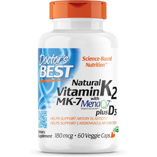 Doctor's Best Natural Vitamin K2 with MK-7, 180 мкг плюс D3 1000 МО, без ГМО, без глютену, вегетаріанський, без сої, 60 вегетаріанських капсул