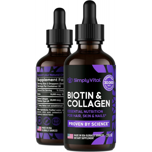 Simply Vital Liquid Collagen & Biotin Вітаміни для волосся, шкіри та нігтів - Біотин 10000 мкг & Колаген 20000 мкг - Добавка для росту волосся для жінок і чоловіків - Зроблено в США - Рідкий біотин засвоюється 99%