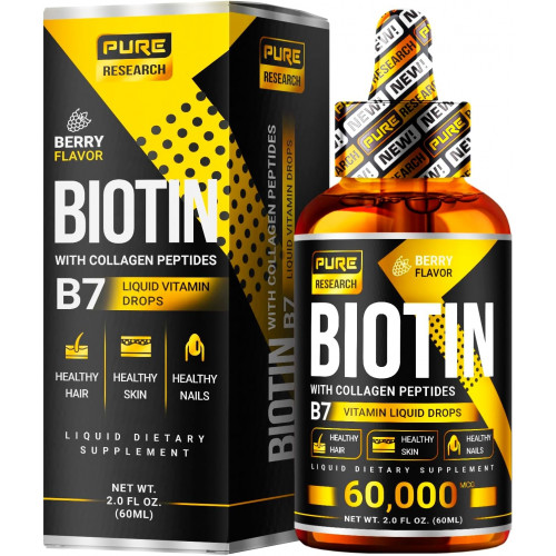 PURE RESEARCH Liquid Biotin & Collagen Hair Growth Drops 60 000mcg - Добавка з біотином і рідким колагеном для чоловіків і жінок - Підтримка сяючої шкіри, здорове волосся та ріст нігтів - 2 унції