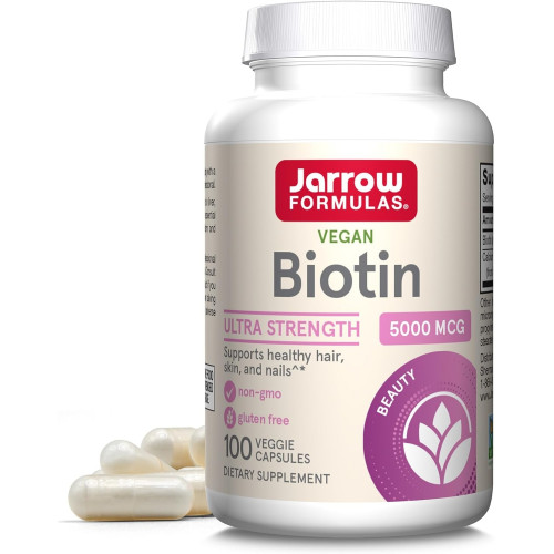 Jarrow Formulas Biotin Ultra Strength 5000 мкг, пищевая добавка, поддержка волос, кожи и ногтей, 100 растительных капсул, запас до 100 дней