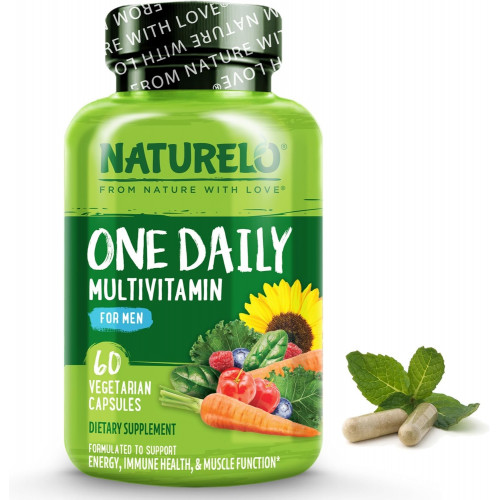 NATURELO One Daily Multivitamin для чоловіків - з вітамінами та мінералами + органічні повноцінні продукти - Доповнення для підвищення енергії, загального здоров'я - Без ГМО - 60 капсул - 2 місяці