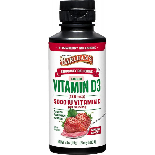 Barlean's Liquid Vitamin D, 5000 МО D3, полуничний молочний коктейль для дітей і дорослих, максимальне поглинання, без ГМО, без глютену - 5,6 унції