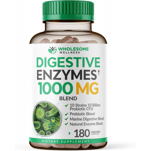 Wholesome Wellness Digestive Enzymes 1000MG Plus Prebiotics & Probiotics Supplement, 180 Capsules, Органічна рослинна веганська формула для травлення та лактози з амілазою та бромелаїном, 3-6 місяців