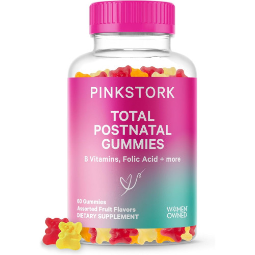 Pink Stork Total Postnatal Vitamin Gummies - Мультивітаміни для післяпологового відновлення та підтримки лактації - Фолієва кислота, B6 і вітамін C - Основи грудного вигодовування - 60 клейових вітамінів