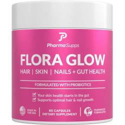 FLORA GLOW Мультивитамины для волос, кожи и ногтей плюс здоровье кишечника для женщин | Сделано из пробиотиков, 10 000 мкг биотина, фолиевой кислоты, коллагена и кератина для более быстрого роста волос, чем жевательные конфеты | 60 капсул.