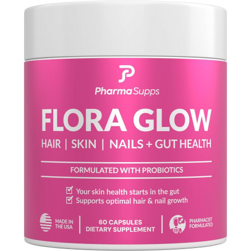 FLORA GLOW Hair, Skin, Nails Plus Gut Health Multivitamin for Women | Зроблено з пробіотиками, біотином 10 000 мкг, фолієвою кислотою, колагеном і кератином для швидшого росту волосся, ніж цукерки | 60 капсул.