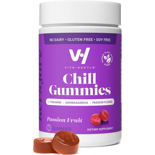 VitaHustle Chill Gummies для снятия стресса, 300 мг KSM 66 Ашваганда, L-теанин, веганские жевательные конфеты для настроения, баланс кортизола, фокус (маракуйя) 50 шт.